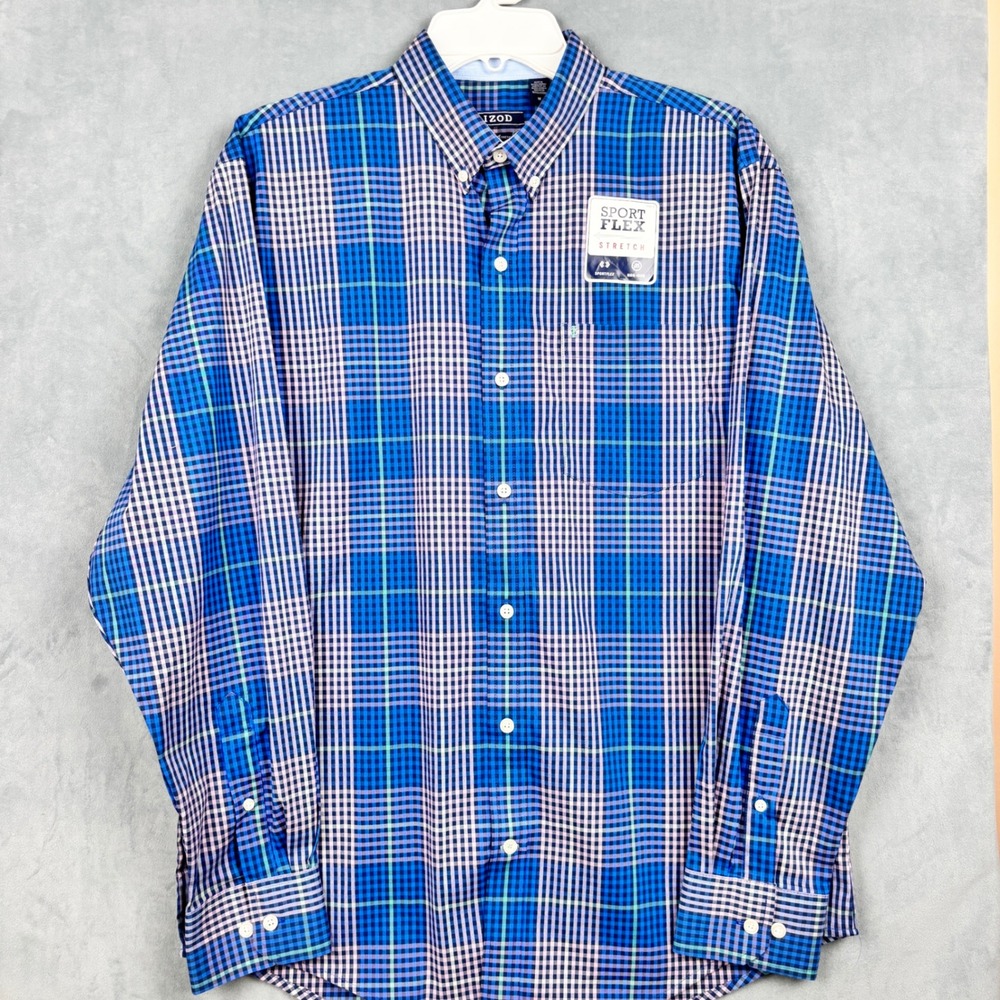 IZOD Sport Flex Shirt Mens Medium Blue Plaid Non-Iron Stretch Long Sleeve Button